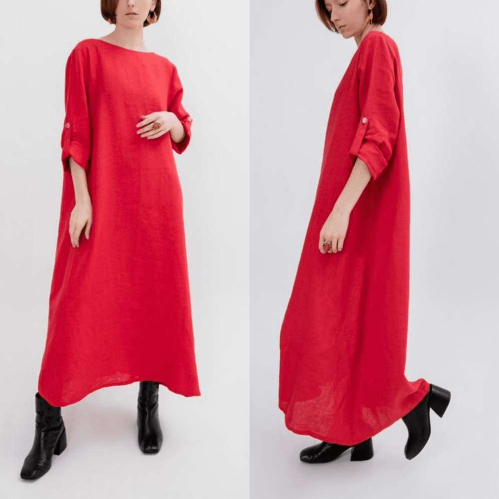 Linen Casual Maxi dress Handmade Oversized L 3/4 sleeve Minimalist Poppy Red